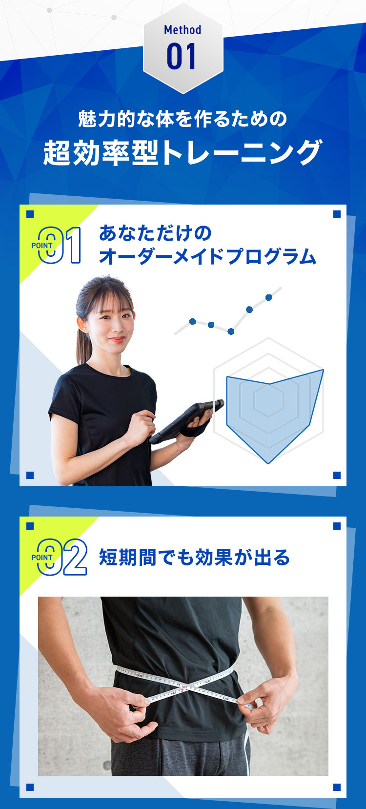 Method01 魅力的な体を作るための超効率的トレーニング。POINT01 あなただけのオーダーメイドプログラム。POINT02 短期間でも効果が出る。